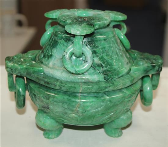 A good Chinese archaistic green jadeite censer and cover, Ding, 19th / 20th century, weight 1.6kg, width 16.7cm, height 13cm